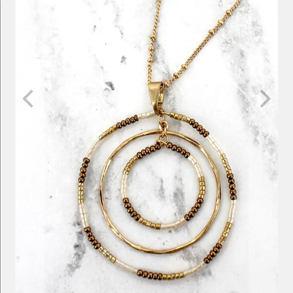 🌻BOGO NEW Goldtone and Brown Seed Bead Circle Pendant